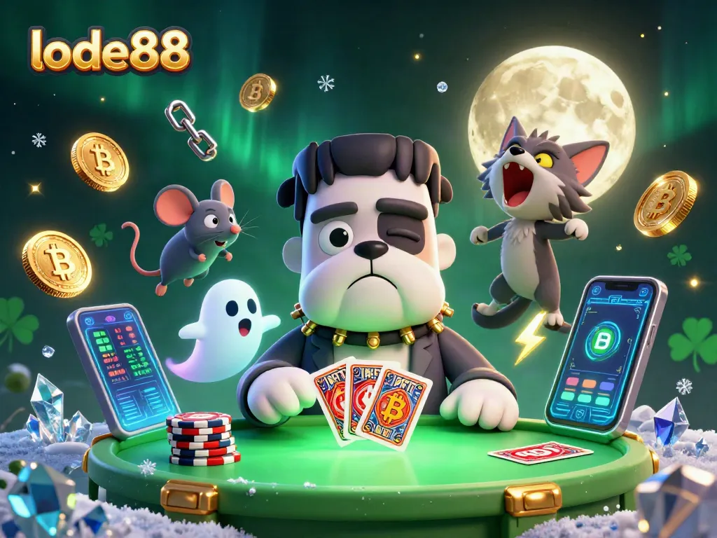 Experience the thrill of lode88 with a vibrant casino scene featuring unique characters and crypto elements.