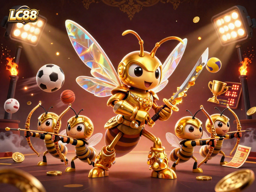 Engage in thrilling gaming action with LC88's vibrant 3D illustration, featuring golden hornet samurai and sports elements.