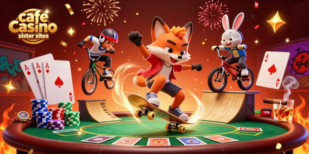 Experience cafe casino sister sites with a thrilling jump from a skateboarder fox surrounded by vibrant casino elements.