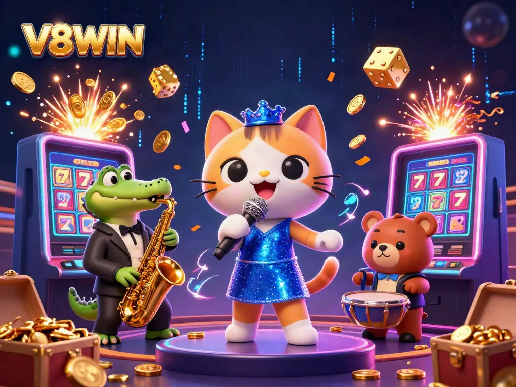 Experience the excitement of V8WIN with a lively 3D casino performance featuring animated characters and slot machines.