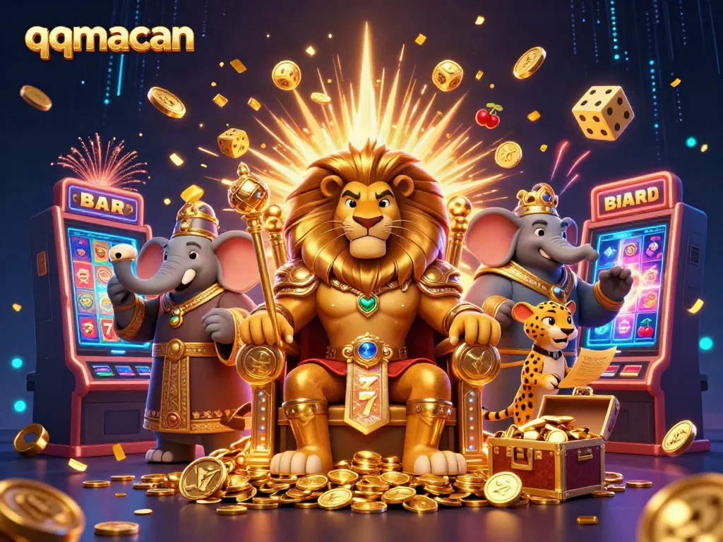 Join the excitement at qqmacan with a captivating casino scene featuring a lion king, elephant advisor, and cheetah messenger.