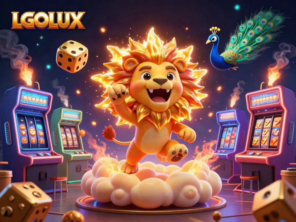 Join the thrilling experience at LGOLUX with vibrant slot reels and dynamic characters in a casino paradise.