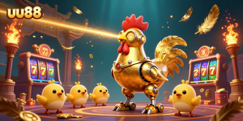 Experience the thrill of uu88 with a vibrant illustration of a futuristic golden rooster robot in a dynamic casino scene.