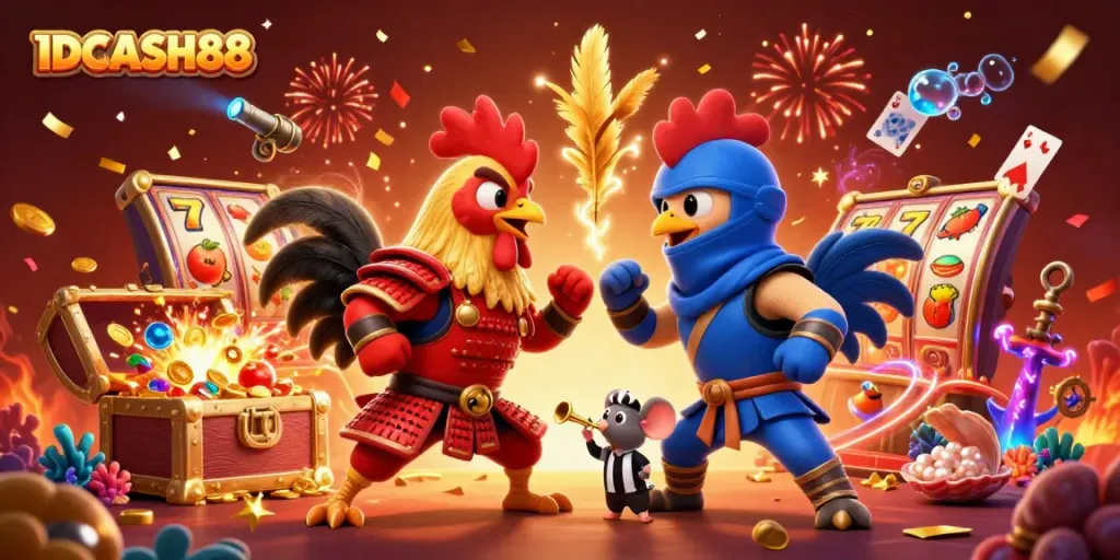 Engage with unique games at IDCASH88, featuring an intense rooster showdown and exciting slot symbols.