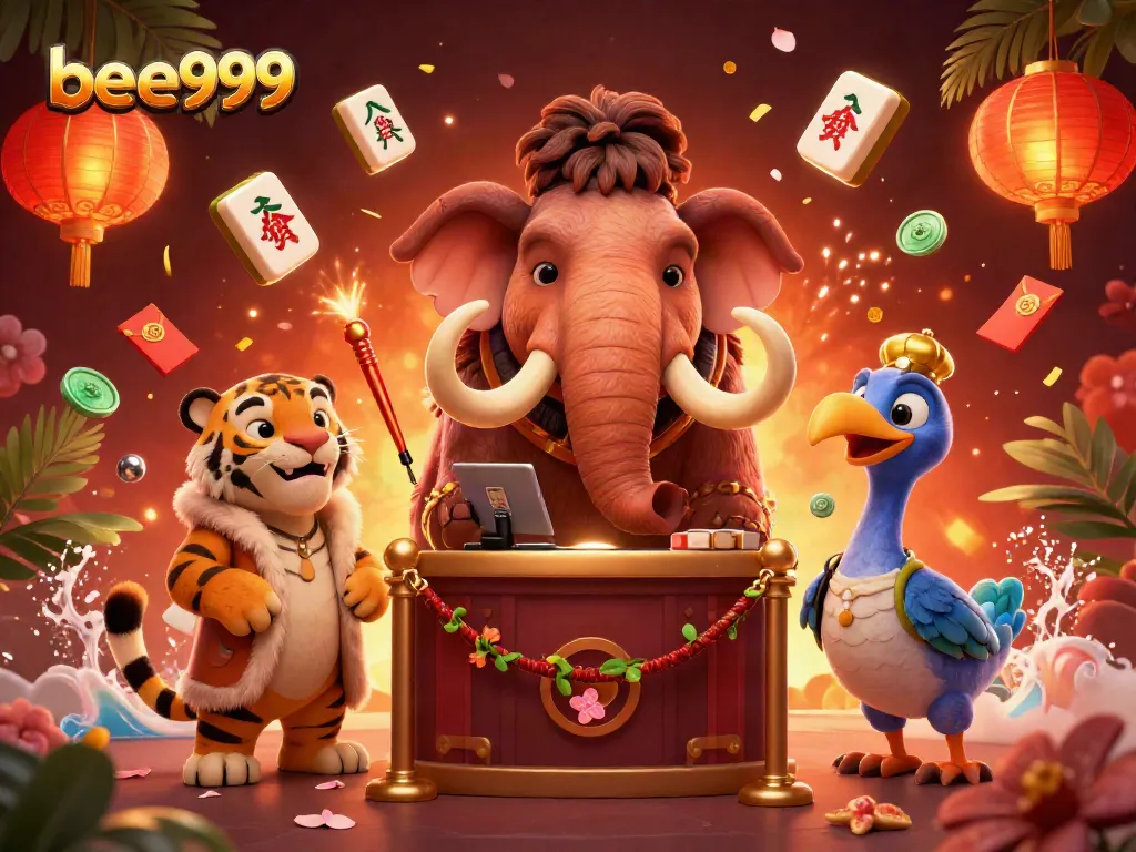 Experience the vibrant world of bee999 with a cartoon mammoth bouncer and exotic casino elements.
