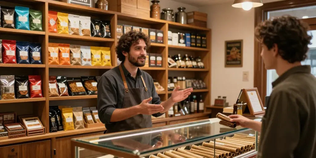 Top smoke cigarettes and tobacco wholesale selection in a cozy tobacco shop.