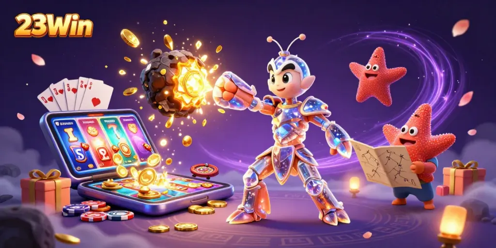 Engage with 23Win in this dynamic 3D casino scene featuring galactic characters and exciting gaming elements.