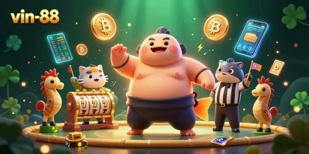 Engage in thrilling jackpots at vin-88 with vibrant visuals of fish shooting games and cryptocurrency elements.