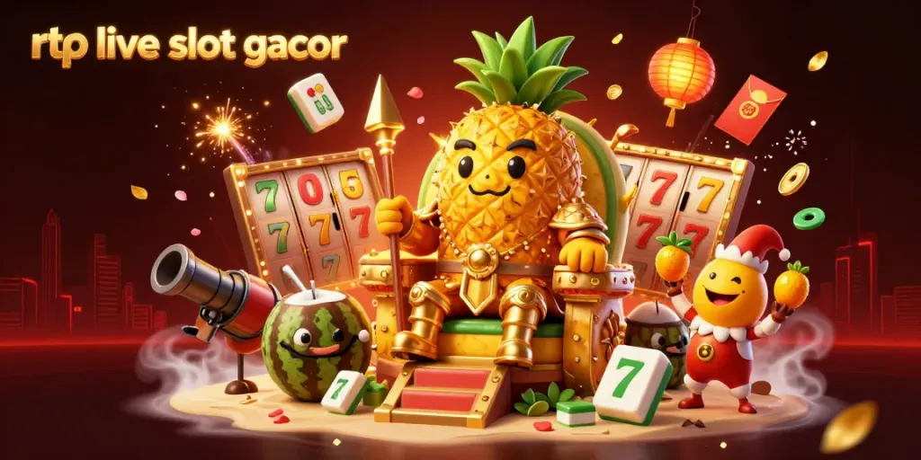 Engage with rtp live slot gacor in a vibrant 3D illustration featuring a golden pineapple king and lively casino elements.