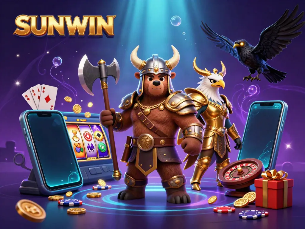 SUNWIN gaming scene with a Viking bear and Valkyrie eagle amidst vibrant slot game elements and golden coins.