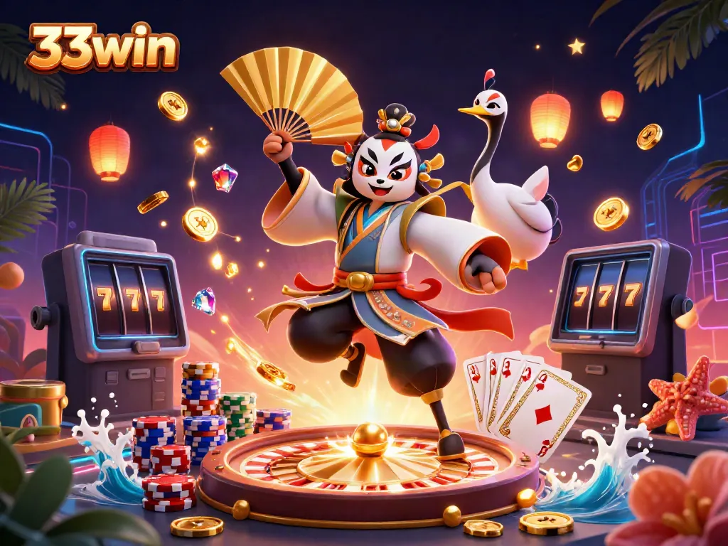 Experience the thrill of 33win with vibrant casino elements, kabuki warriors, and dynamic gaming action.