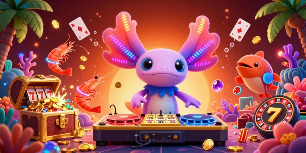 Xoilac casino-themed illustration with vibrant characters celebrating wins in a dynamic underwater setting.