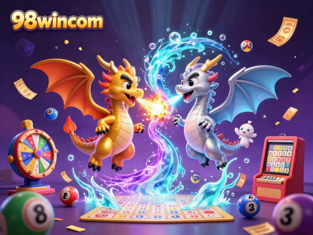 Join the gaming action at 98wincom with vibrant lottery balls and animated dragons for excitement.