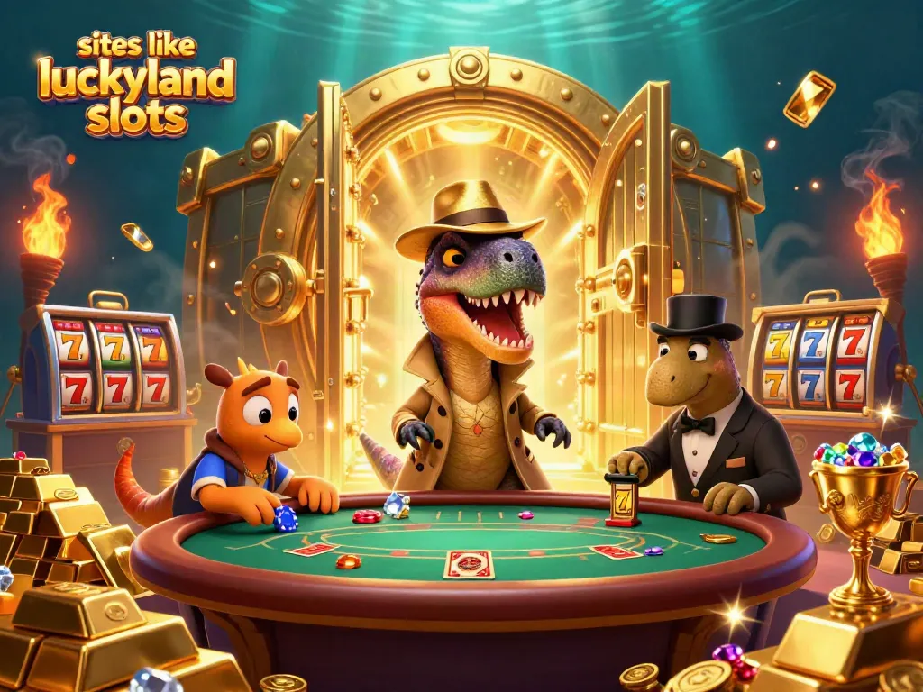 Experience excitement at sites like luckyland slots with a velociraptor card counter, stegosaurus pit boss, and treasure-filled casino scene.