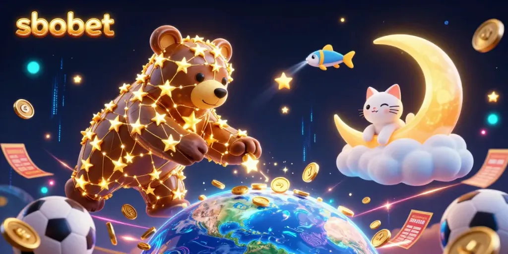 Engaging sbobet sports betting scene with a constellation bear, trophy, and vivid elements enhancing the excitement.
