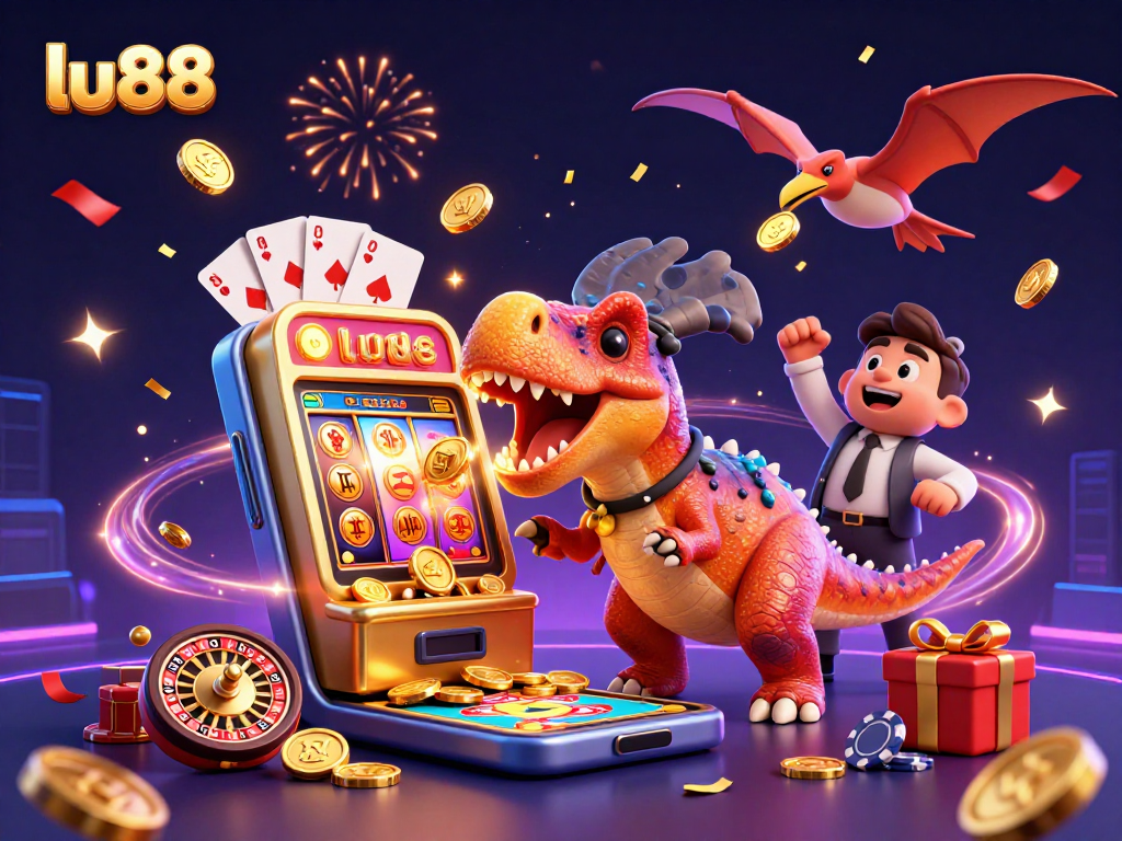 lu88 jackpot scene with a pachycephalosaurus and a golden slot machine bursting with coins
