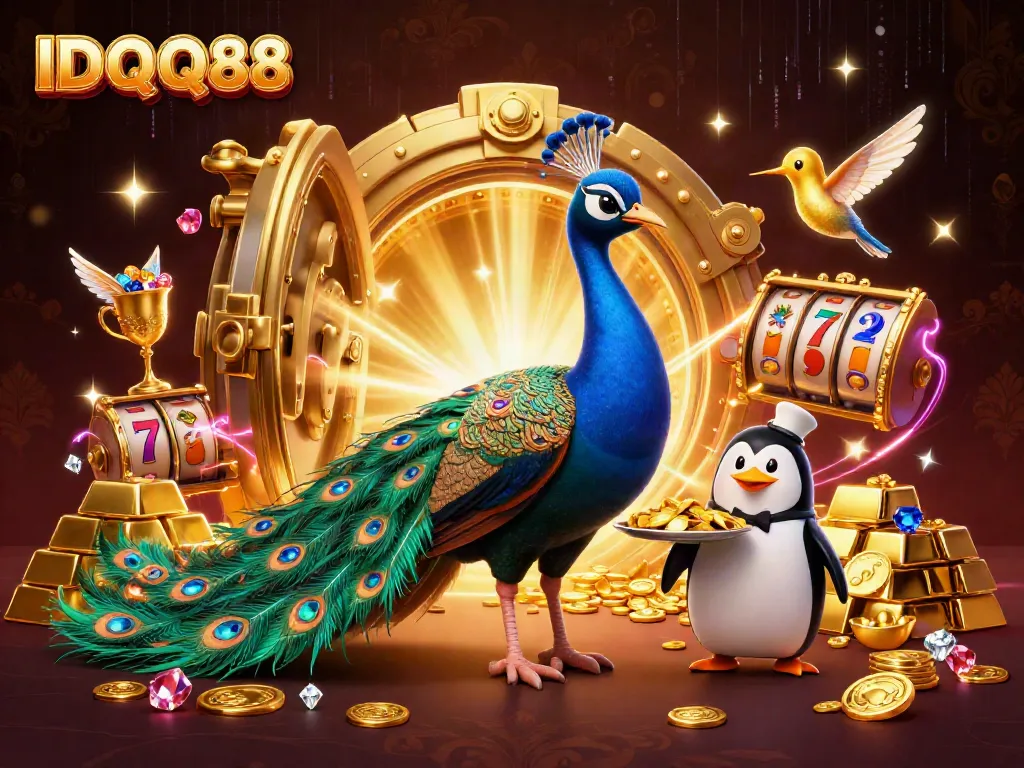 Experience excitement at IDQQ88 with a dazzling casino scene featuring a peacock, penguin, and hummingbird.
