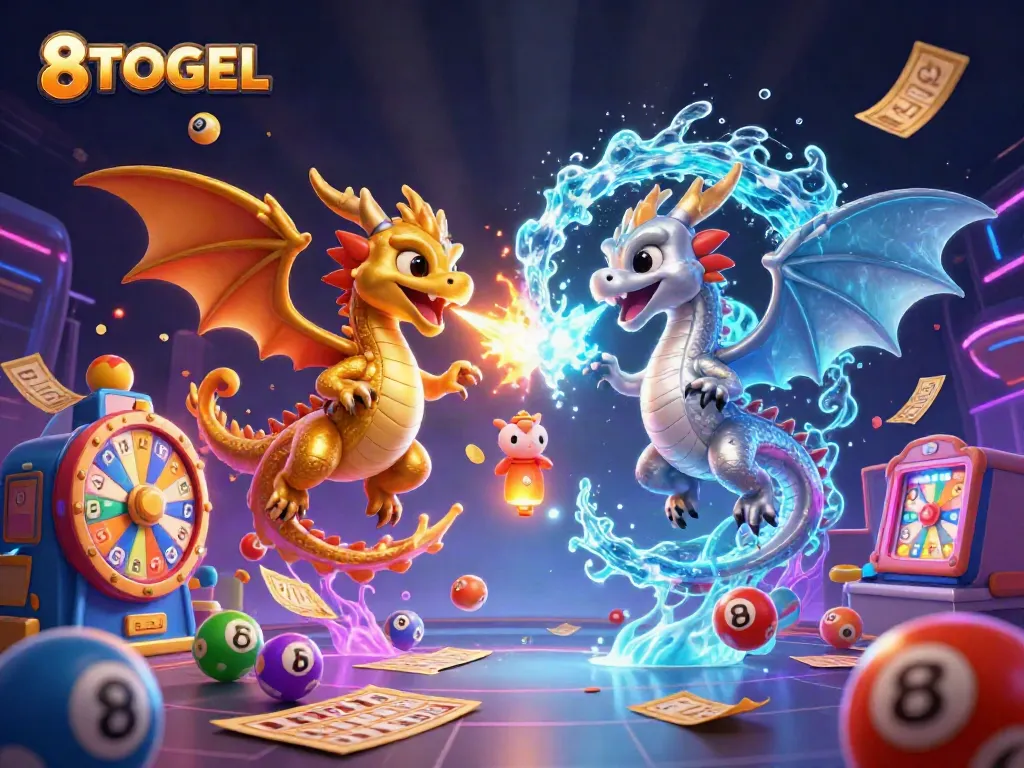 Experience thrilling gameplay with 8TOGEL in a vibrant fantasy scene of winning lotteries and prizes.