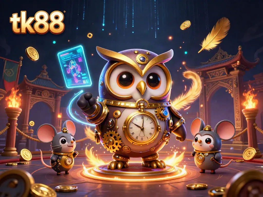 Engage with the tk88 casino universe featuring a steampunk owl and dynamic gaming elements in a vibrant scene.