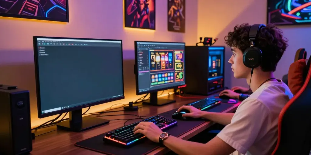 Engaged player analyzing toto togel results at a colorful gaming setup.
