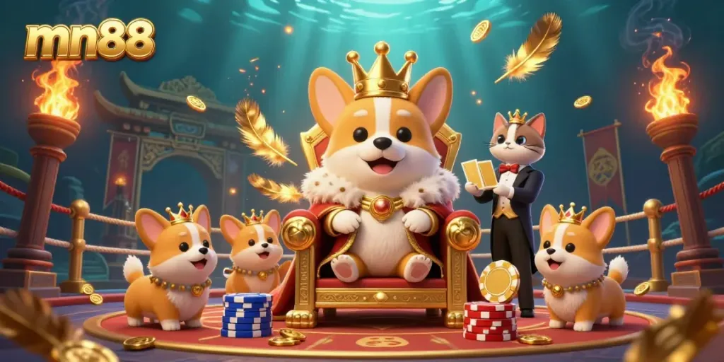 Engage with mn88's thrilling gaming scene featuring a royal corgi, cat butler, and vibrant casino elements.