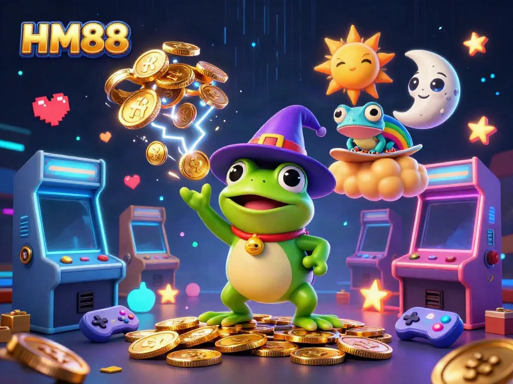 Experience the thrill of HM88 with a wizard frog and chameleon amidst golden coins.