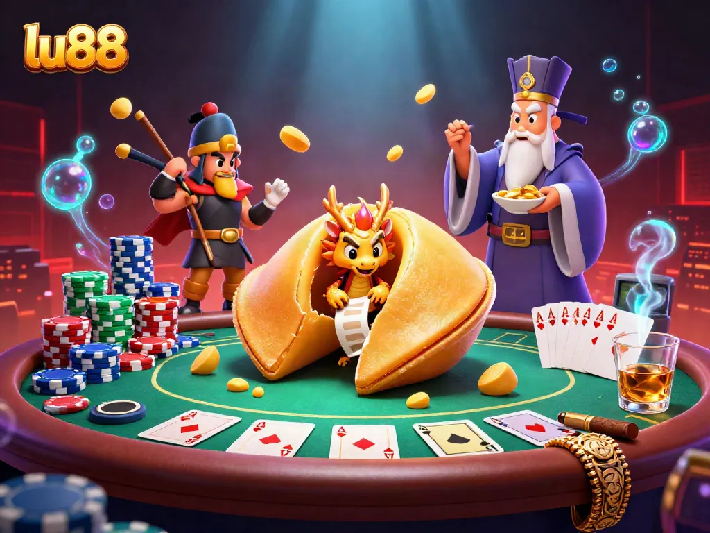 Join the thrill at lu88 with a captivating scene featuring a golden fortune cookie and poker elements.