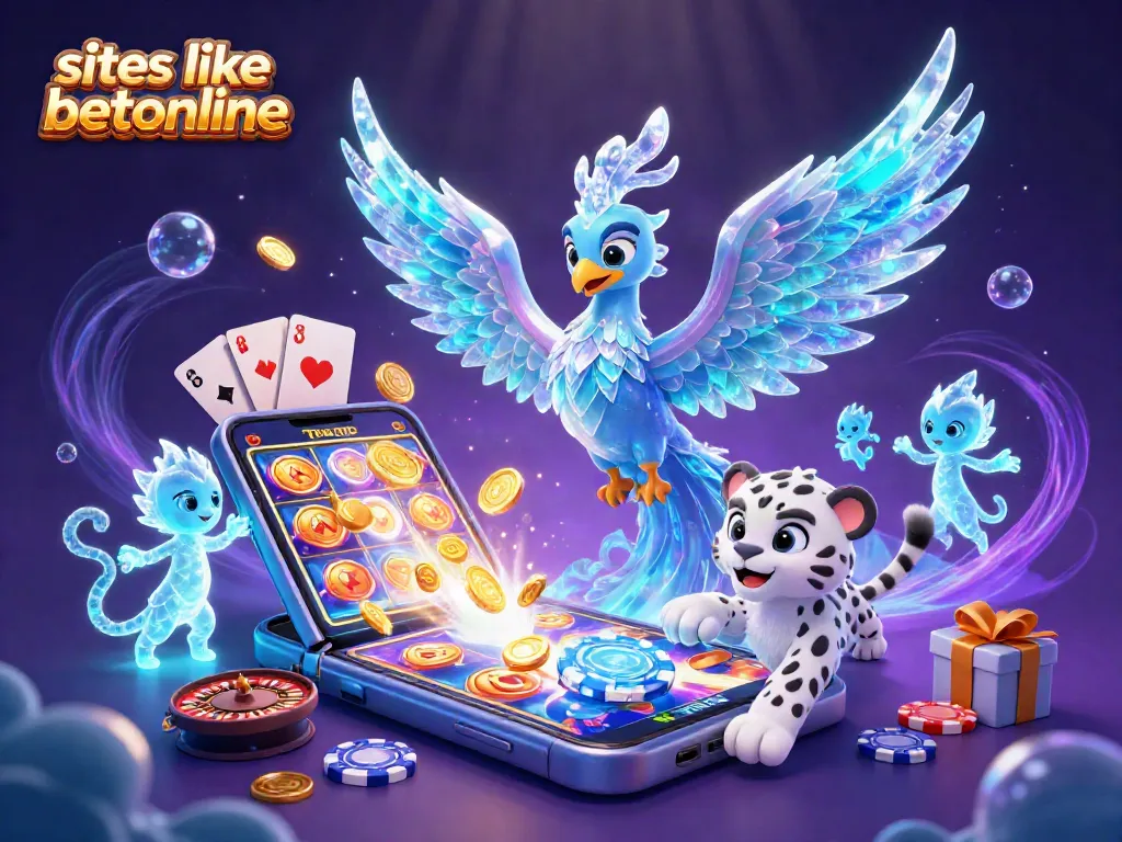 Engage with sites like betonline through a vibrant, dynamic casino scene featuring a magical ice phoenix and playful energy.