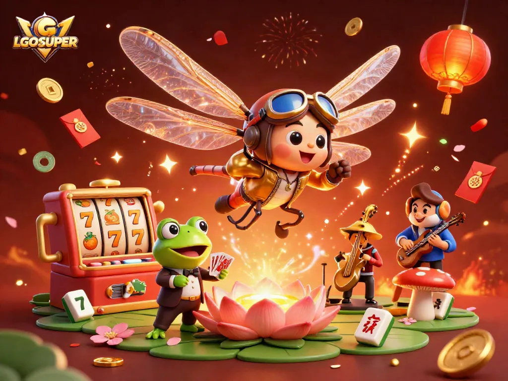 Engage in thrilling casino fun with LGOSUPER's vibrant dragonfly pilot and frog croupier.
