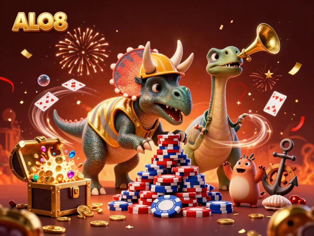ALO8 showcases a vibrant casino scene with cheerful characters, gold coins raining, and festive atmosphere.