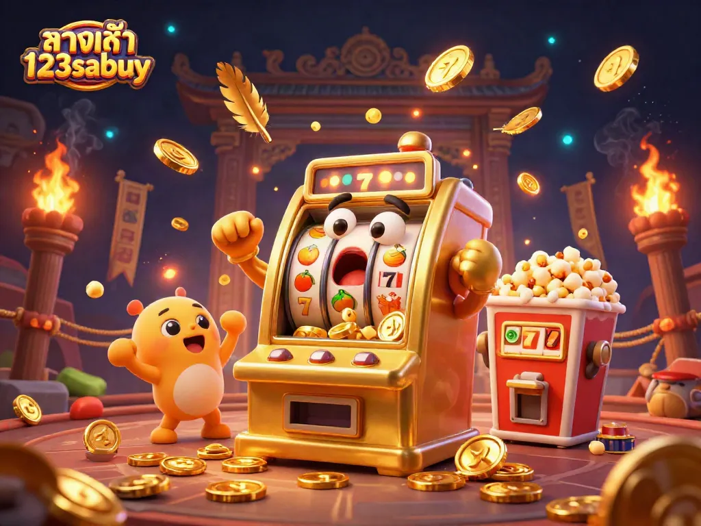 Experience ทางเข้า 123sabuy with a shocked golden slot machine winning a jackpot in a dynamic 3D casino scene.