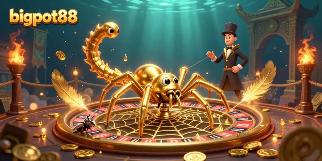 Engage in exciting bets with bigpot88 as the golden spider weaves a roulette wheel web.