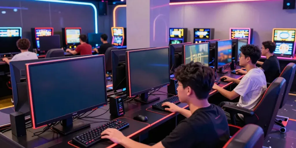 Players engaging with bro138's slot games in a vibrant gaming hub, showcasing modern technology and excitement.