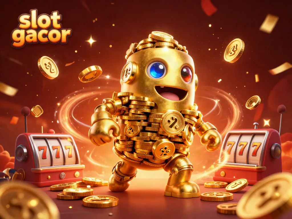 Engage in the thrilling world of slot gacor with a dynamic scene featuring a golden golem and vibrant casino elements.