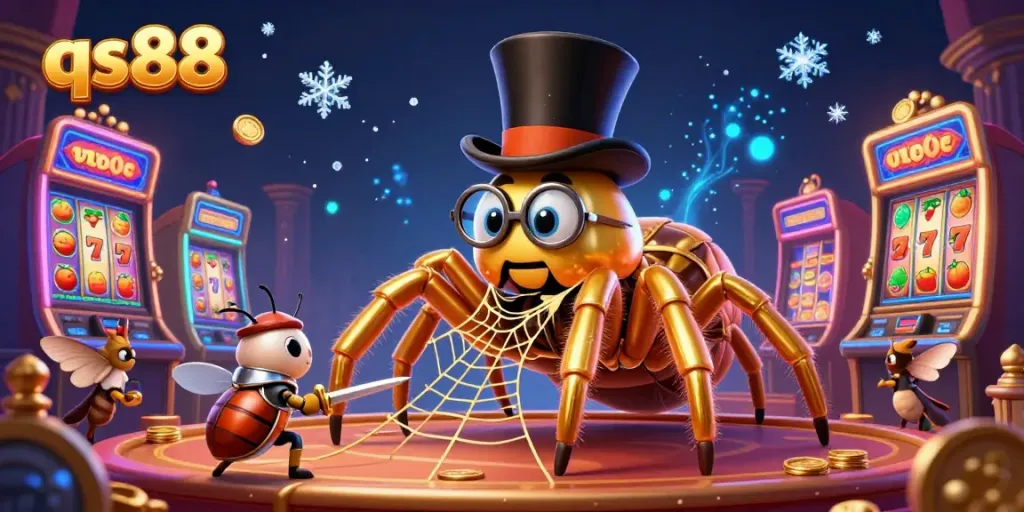Experience the excitement of qs88 casino gaming with a golden tarantula, beetle knight, and vibrant slot machines.