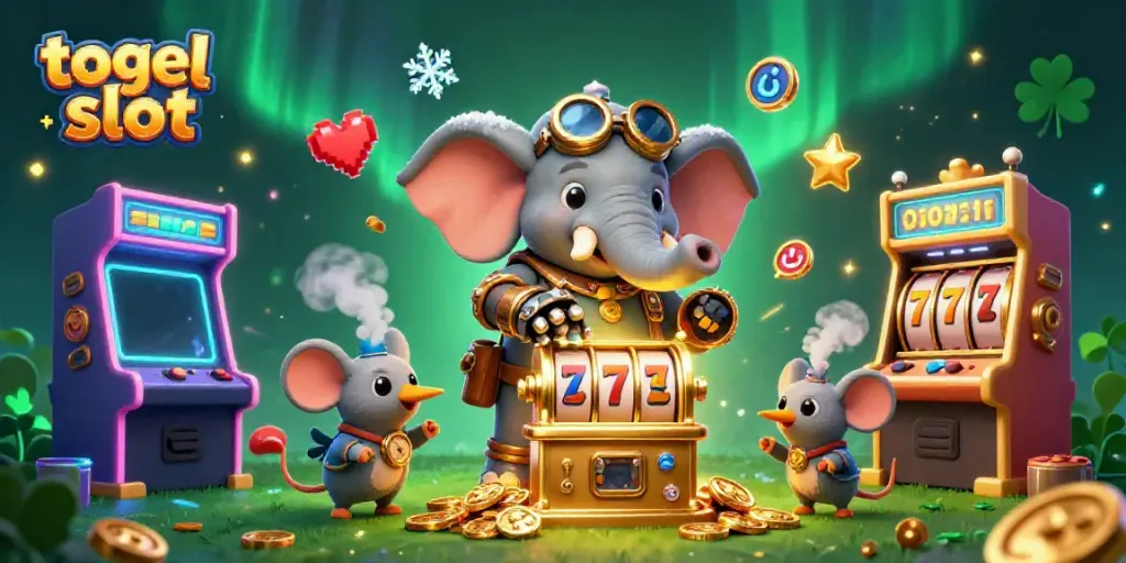 Ilustrasi 3D menunjukkan elefant Steampunk dan mesin slot togel slot berkilau yang hidup.