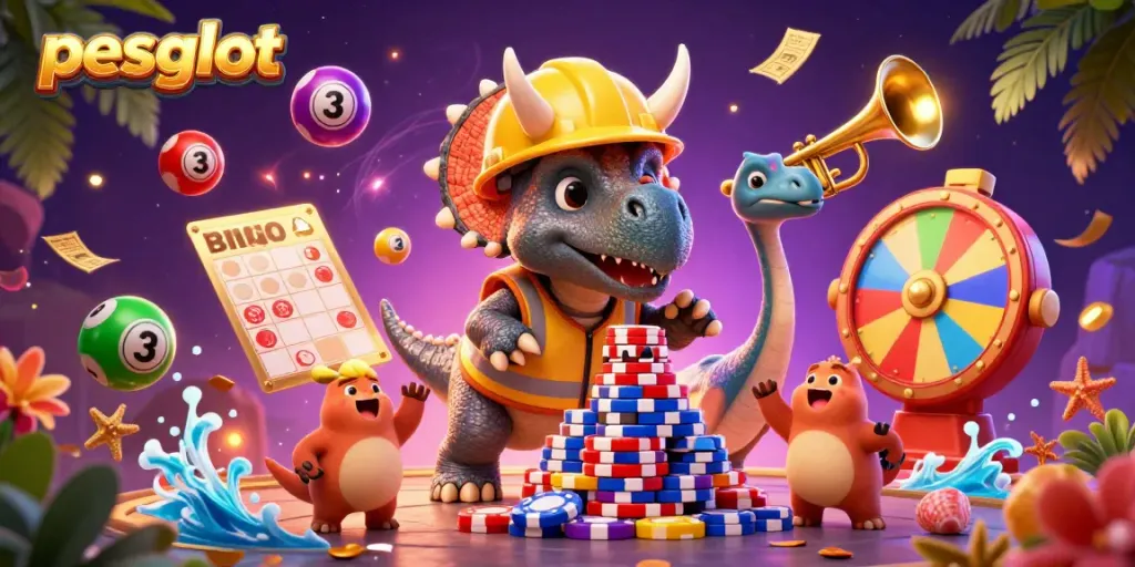 Experience the excitement of pesgslot with vibrant casino elements in a cheerful 3D scene featuring a triceratops and friends.