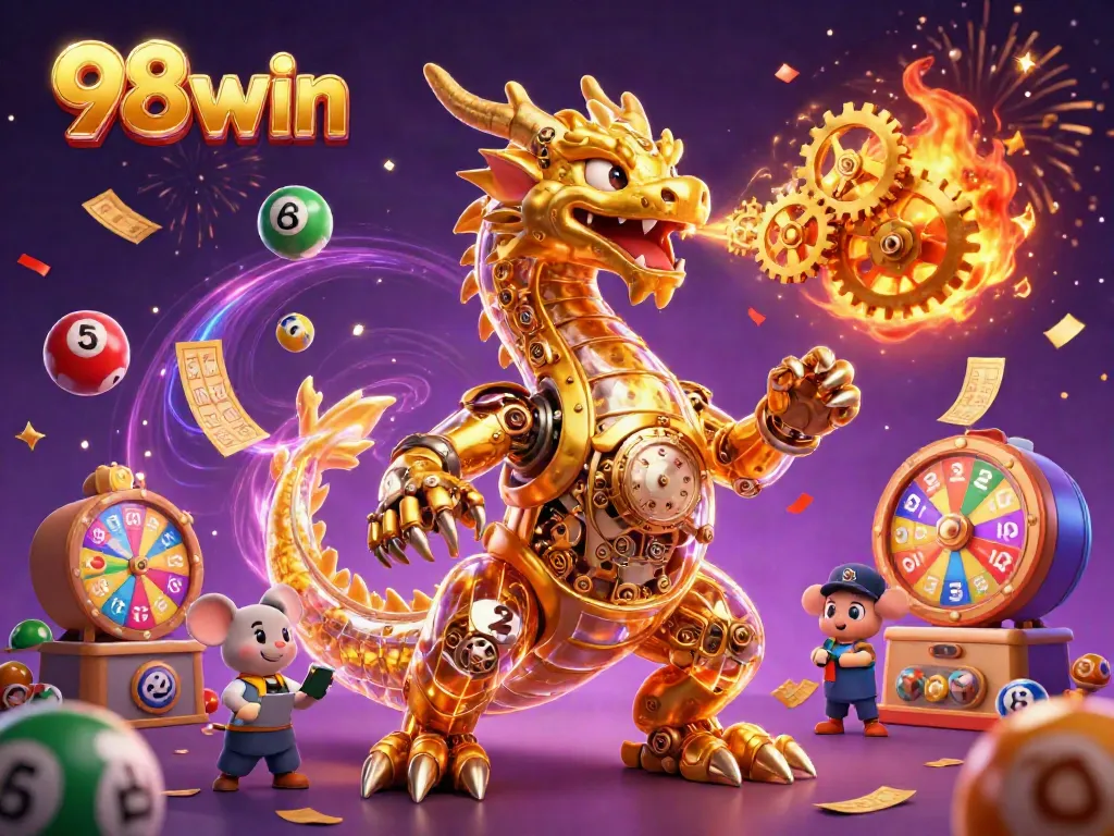 Celebrate with 98win's vibrant lottery scene featuring colorful balls and golden elements.