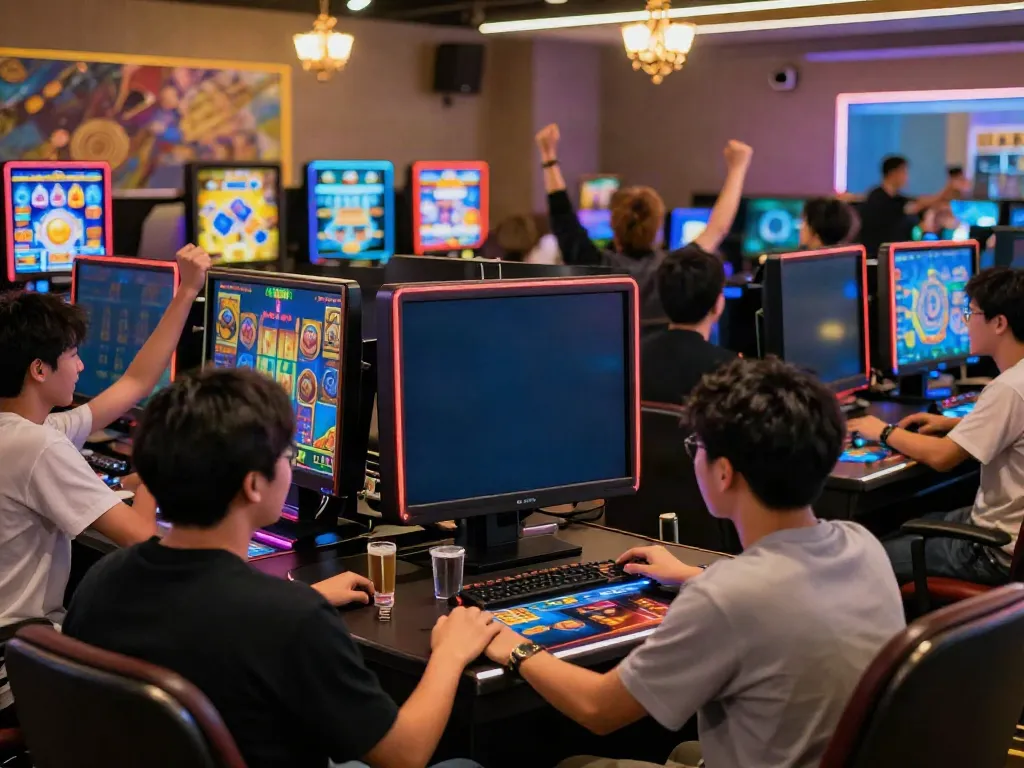 Players enjoying fast-paced QQMacan slot games with vibrant graphics.