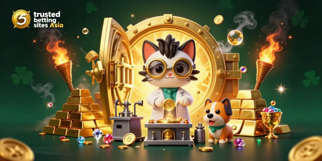 Discover the magic of trusted betting sites Asia featuring a whimsical scene of a cat creating gold coins.