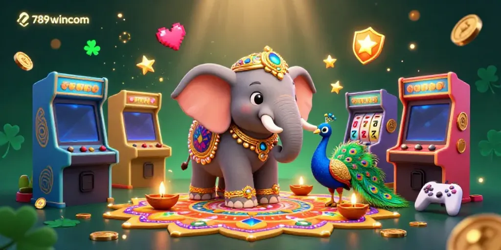 Engage in vibrant gaming with 789wincom featuring a festive elephant and peacock in a dynamic casino-themed scene.