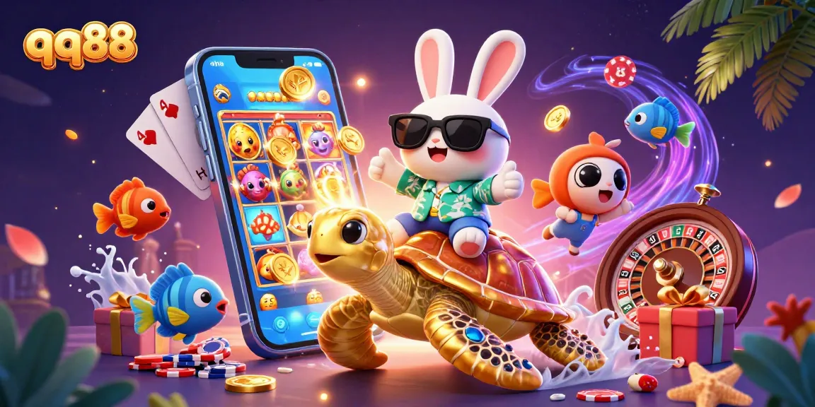 Bet on qq88 with a lucky rabbit and golden turtle in a vibrant casino scene.
