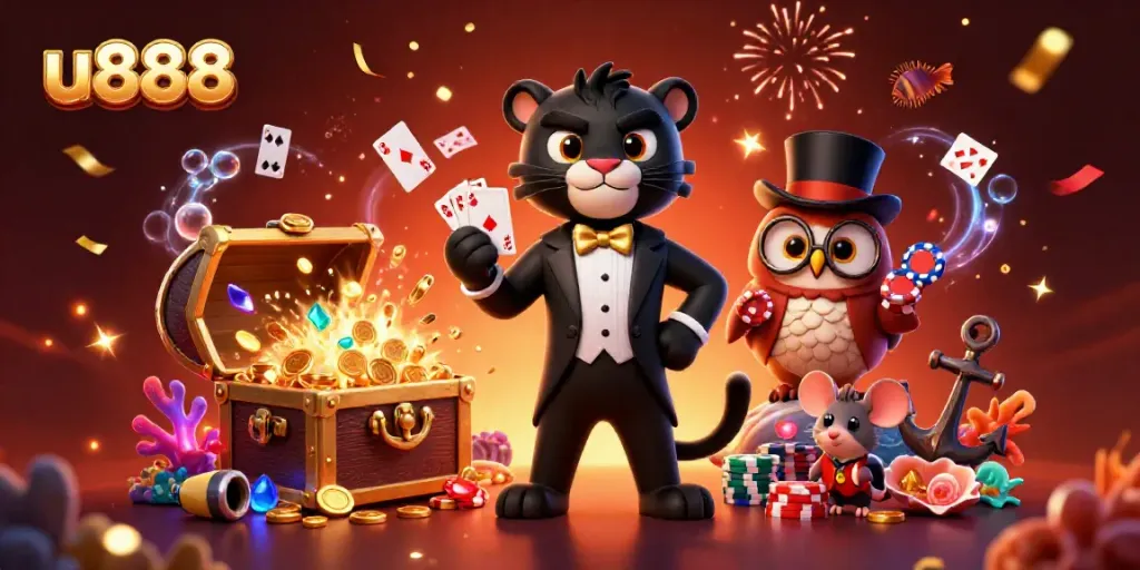 u888 illustrates a lively casino scene with a tuxedo panther, poker owl, and a lucky mouse.