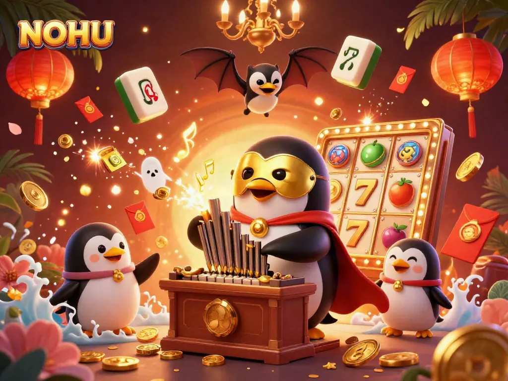 Experience thrilling gaming action at NOHU with a vibrant 3D casino illustration full of engaging slots and symbols.