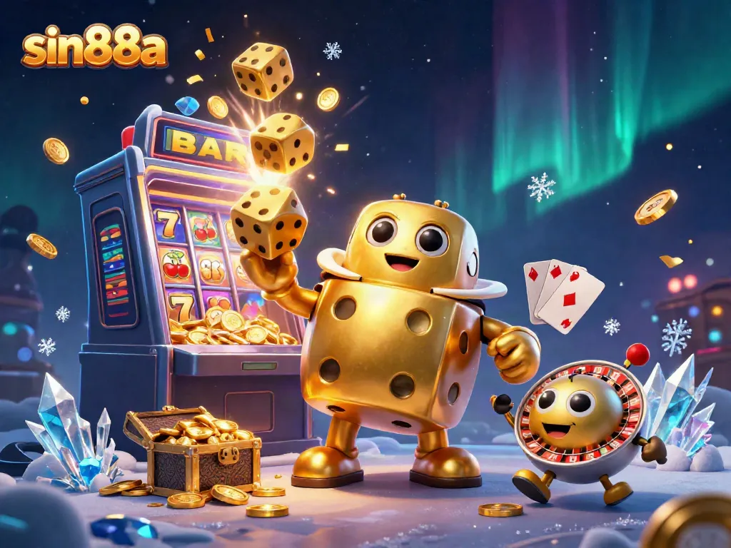 Win big with sin88a in a vibrant 3D casino scene featuring golden dice and a jackpot explosion.