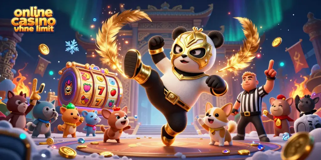Engaging illustration showcasing a dynamic online casino environment with a panda wrestler and cheering animal spectators in a festive atmosphere.
