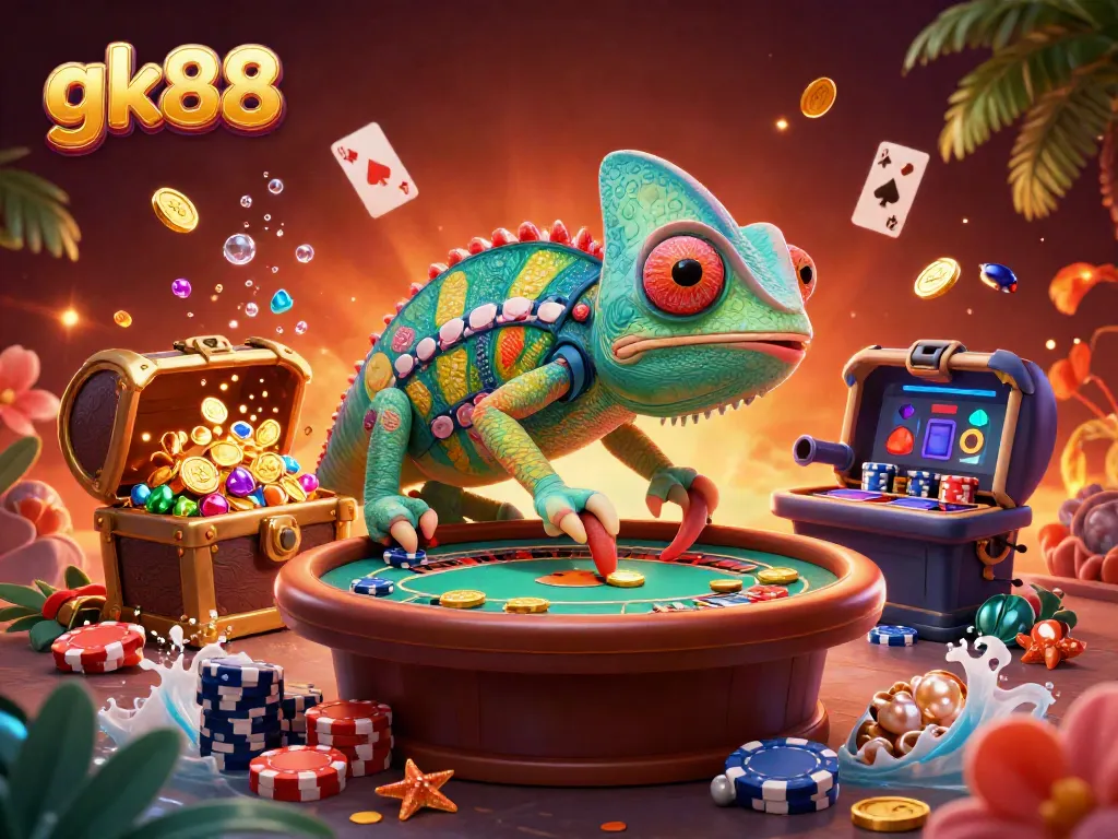 Engage in exciting casino adventures with gk88, featuring a vibrant chameleon owner in a colorful gaming scene.