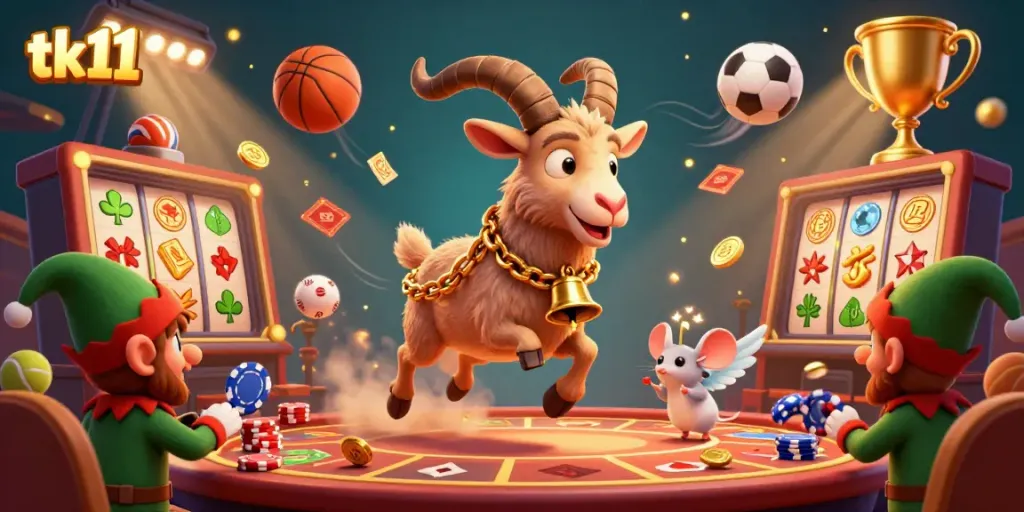 Experience the thrilling chaos of tk11 with a Krampus goat at a colorful casino, alongside mischievous gremlins.