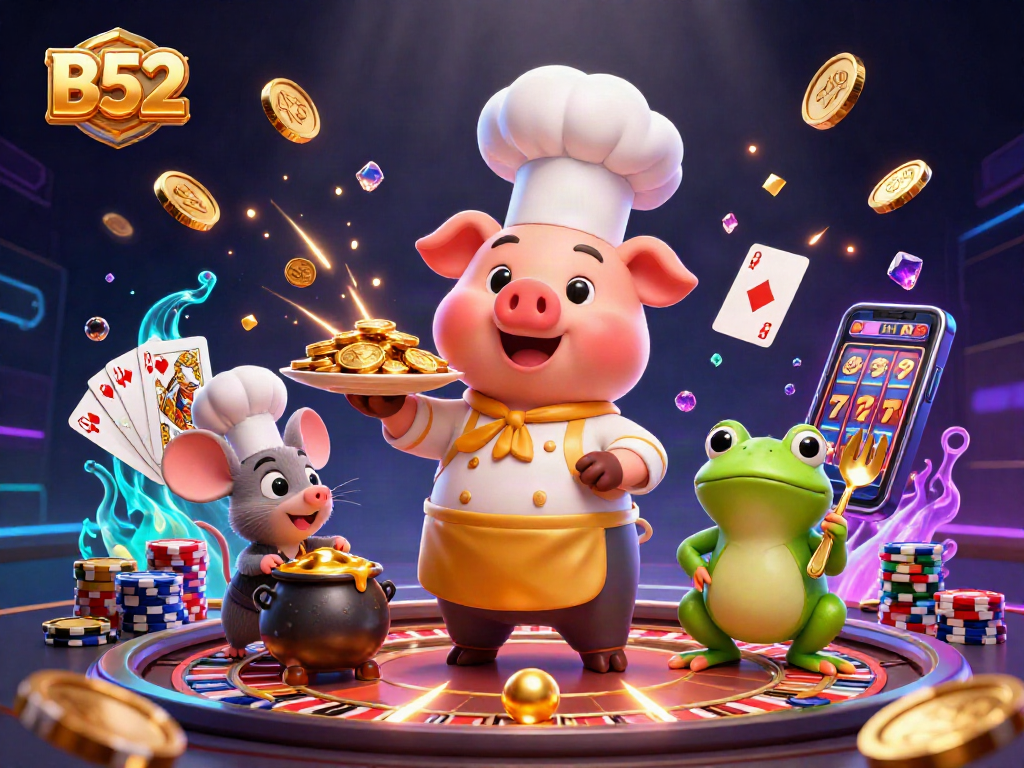 B52-themed digital illustration with a chef pig, sous-chef mouse, and food critic frog amidst winning casino elements.