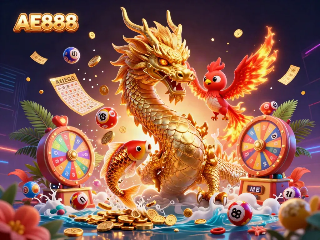 Experience thrilling gaming action with AE888 featuring a golden dragon and phoenix in a dynamic casino scene.